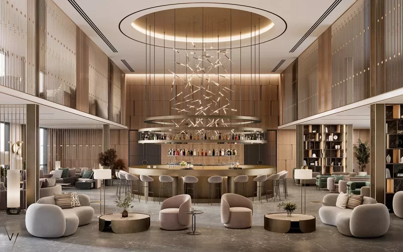 Không gian lounge khách sạn nổi bật với thiết kế nội thất cao cấp và đèn trần nghệ thuật