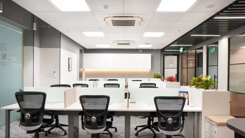 Mẫu thiết kế văn phòng tối giản, tông trắng trung tính